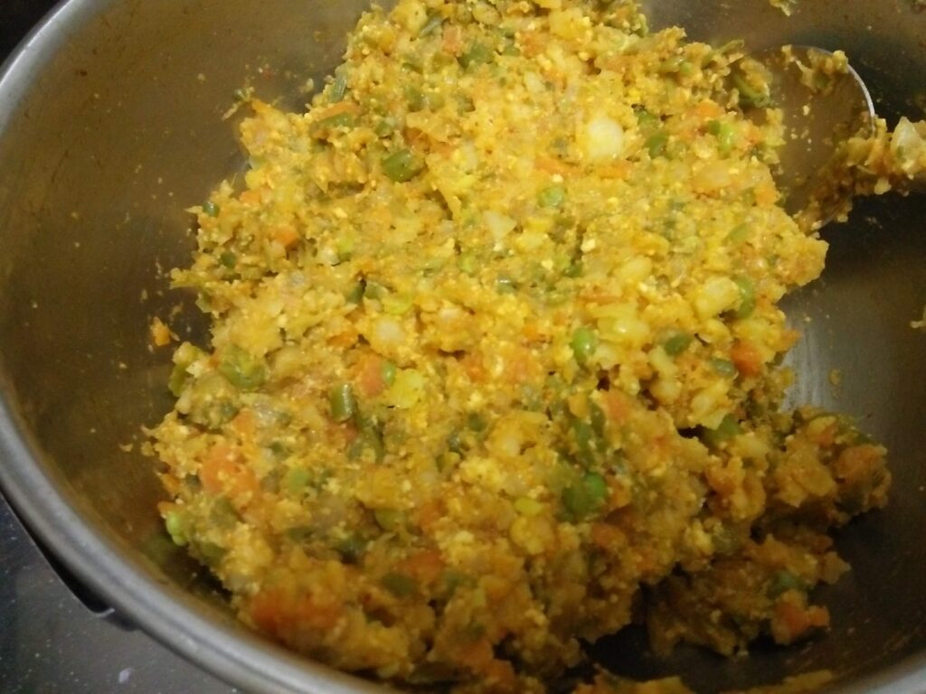 Stuffing prepared for mixed veg paneer paratha, one of the 4 different types of Parathas